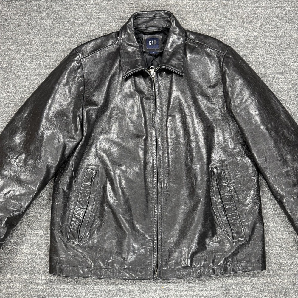 Vintage Gap Leather Bomber Jacket Men Large Black Moto Quilted Lining Y2K 2003